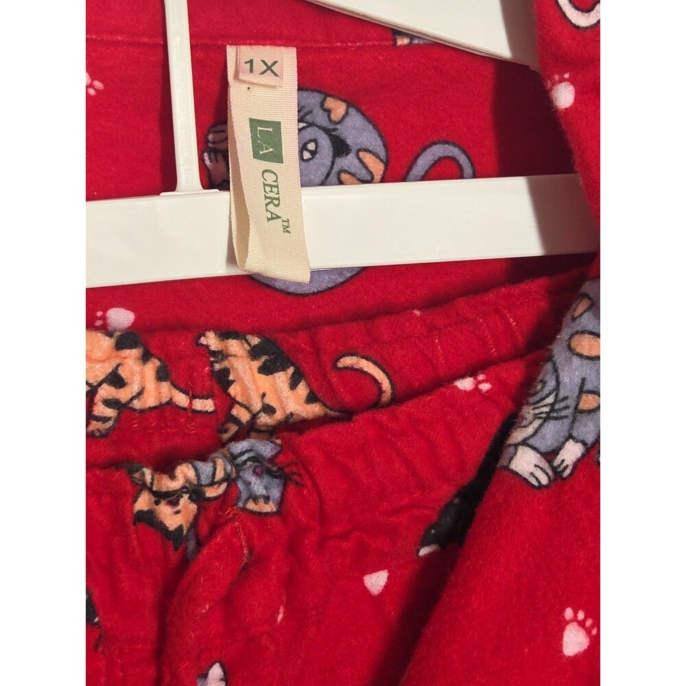NEW LA CERA 100% COTTON FLANNEL PAJAMA SET CAT PRINT RED PLUS SIZE 1X KITTY PJS - Picture 10 of 15